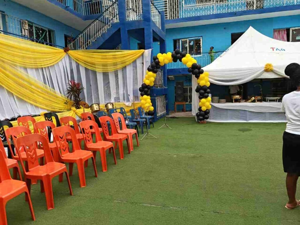 The courtyard dressed for a school celebration