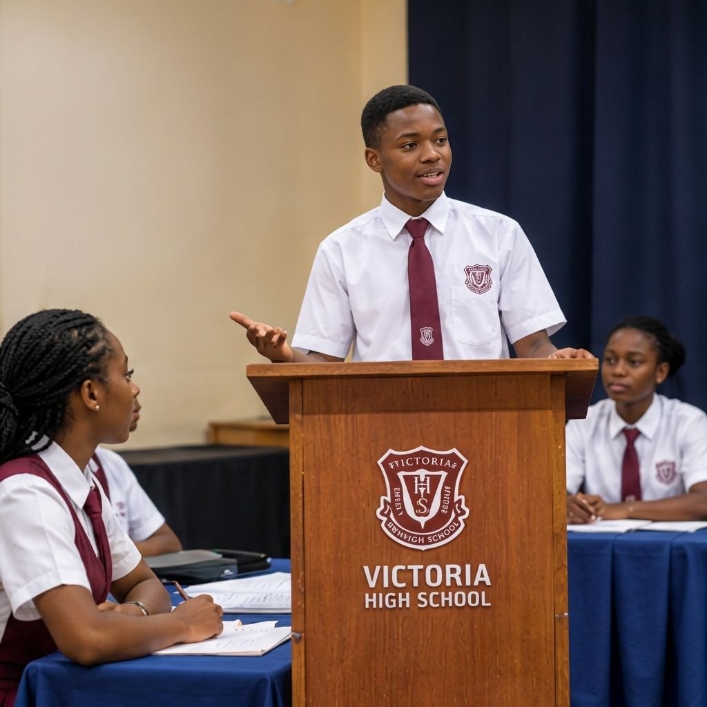 A Victoria High School student speaking at the debate club podium