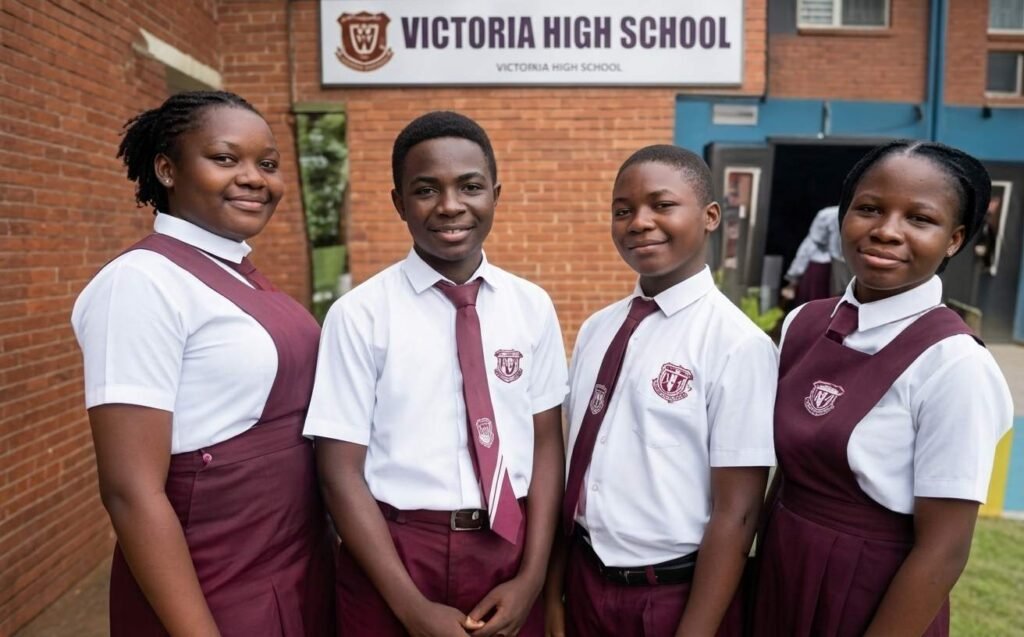 Victoria High School students in front of the school sign
