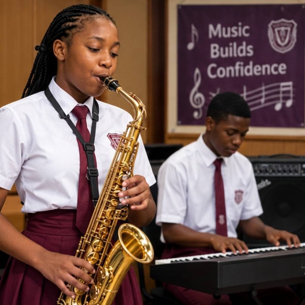 Victoria High School students in music class on saxophone and keyboard