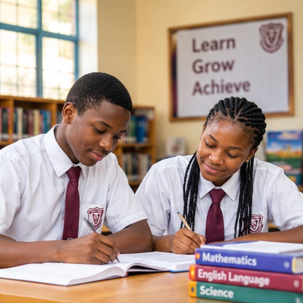 Victoria High School students studying together in the library