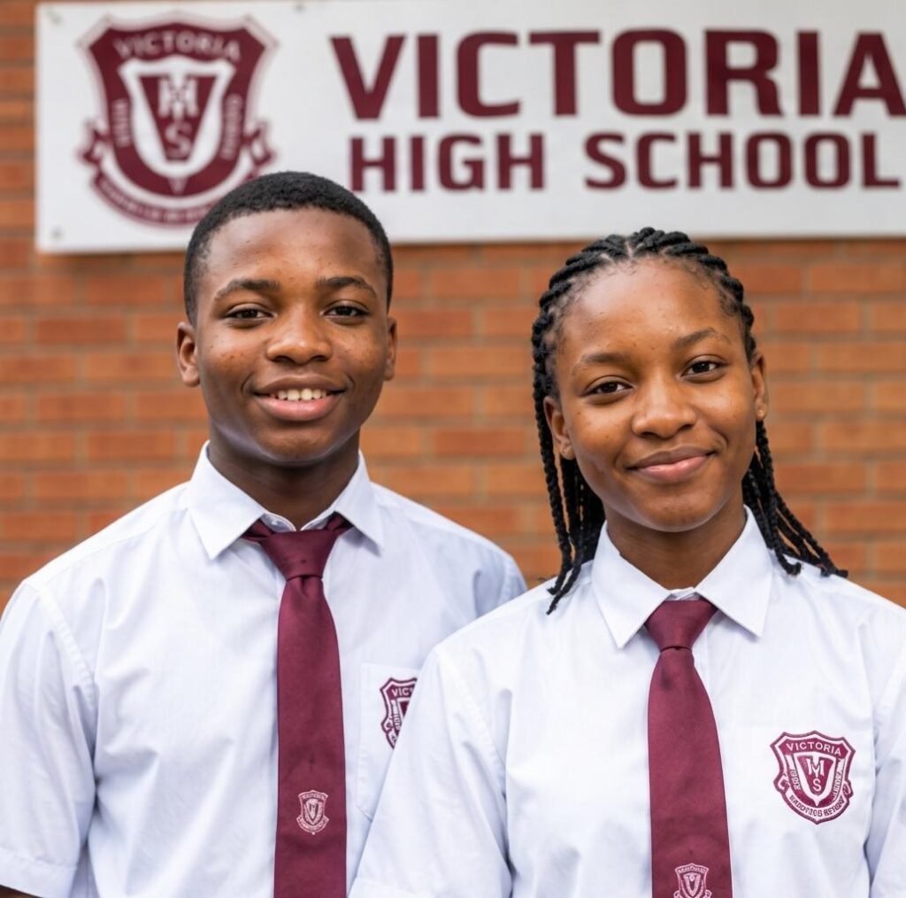 Two Victoria High School students beside the school sign in Surulere