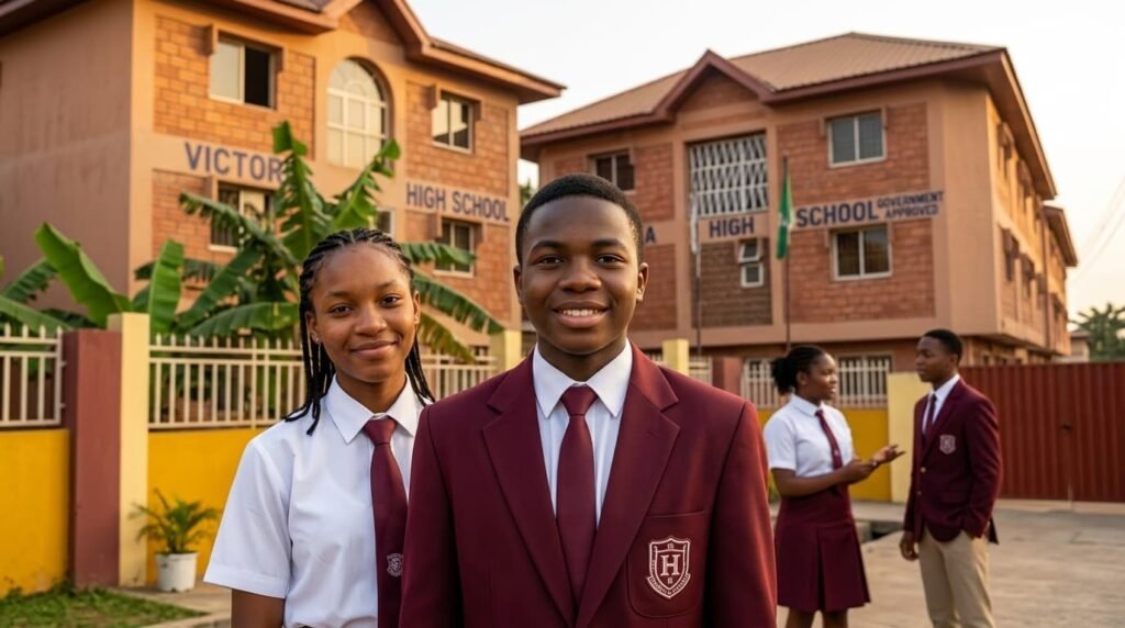 Two Victoria High School students in uniform outside the school building in Surulere, Lagos